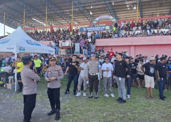 Ratusan Personil gabungan Polri dan TNI amankan Final sepak bola Youth Kampis Cup di stadion dua sudara Bitung.