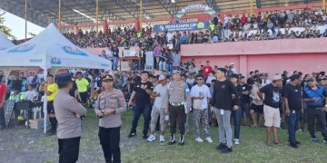 Ratusan Personil gabungan Polri dan TNI amankan Final sepak bola Youth Kampis Cup di stadion dua sudara Bitung.