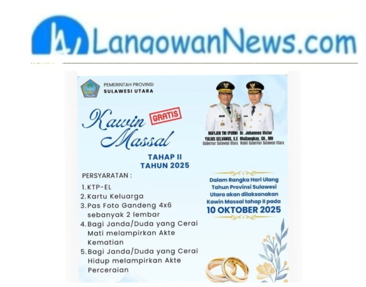 Pemprov Sulut Gelar Program Kawin Massal Gratis Tahap II, Buka Kesempatan Bagi Pasangan dan Janda/Duda